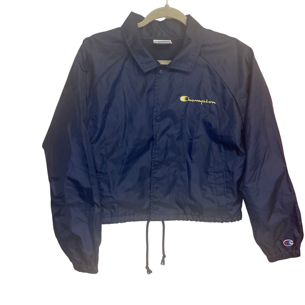 Champion Spellout Navy Blue Cropped Button Windbreaker Medium